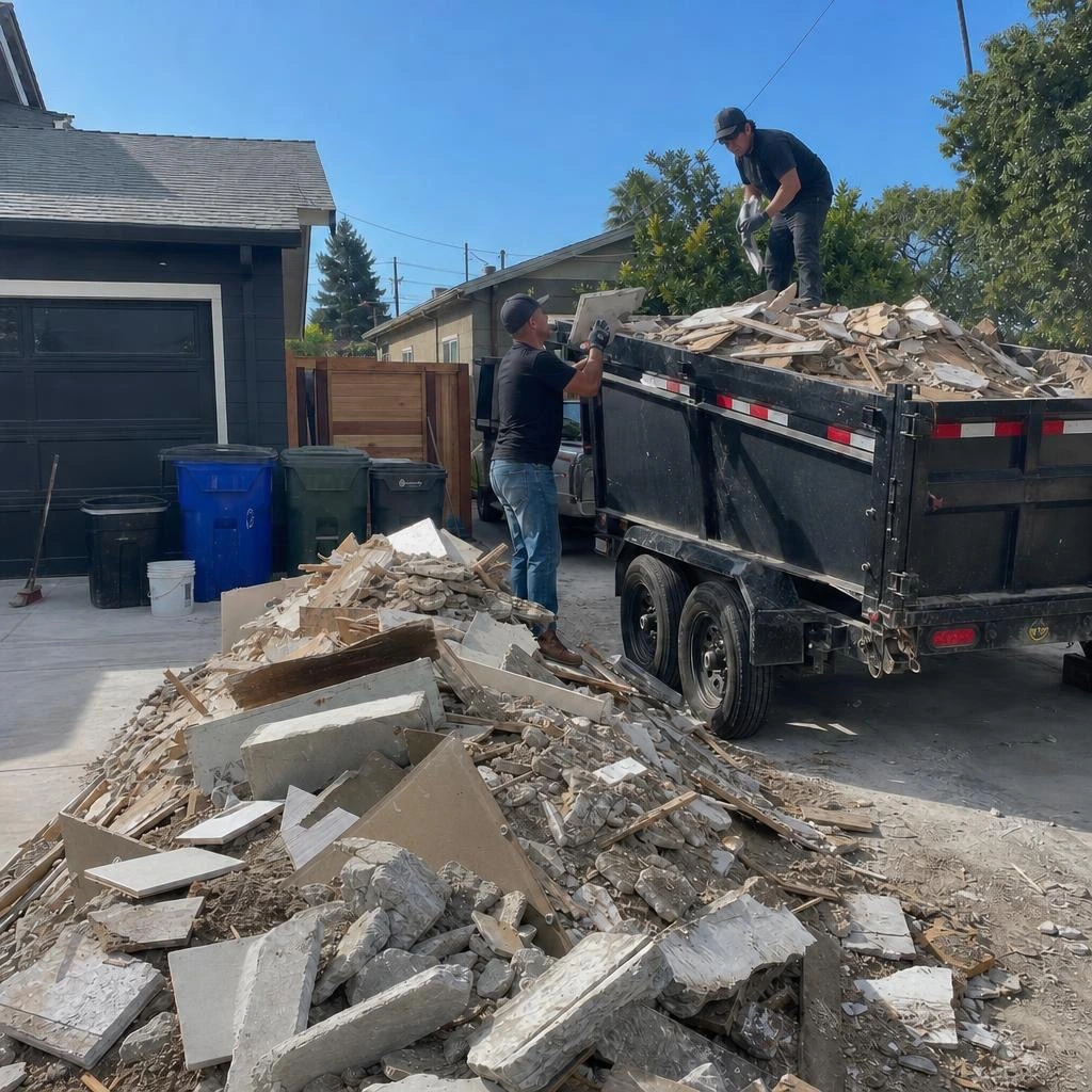 Workers loading construction debris and drywall into a dump truck in Oakland