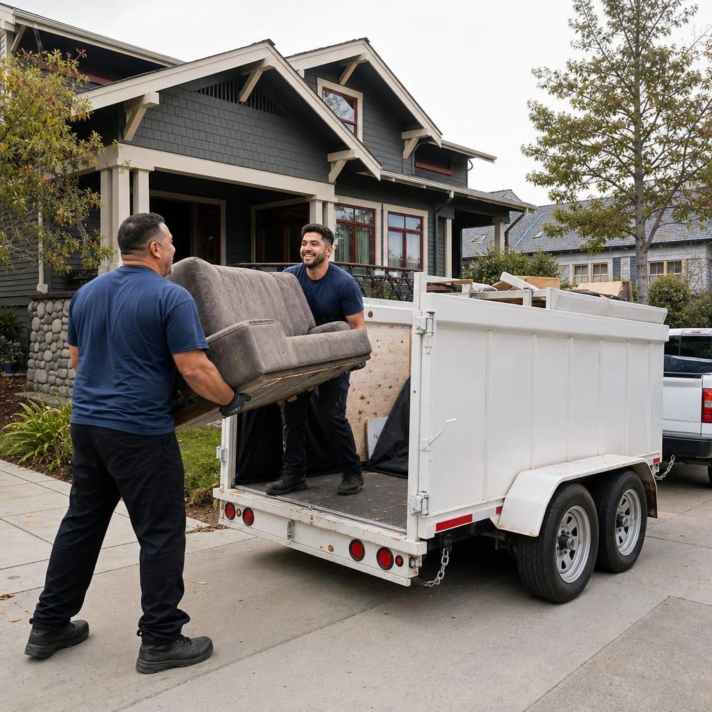 Oakland junk removal crew loading a couch into a hauling trailer outside a craftsman home