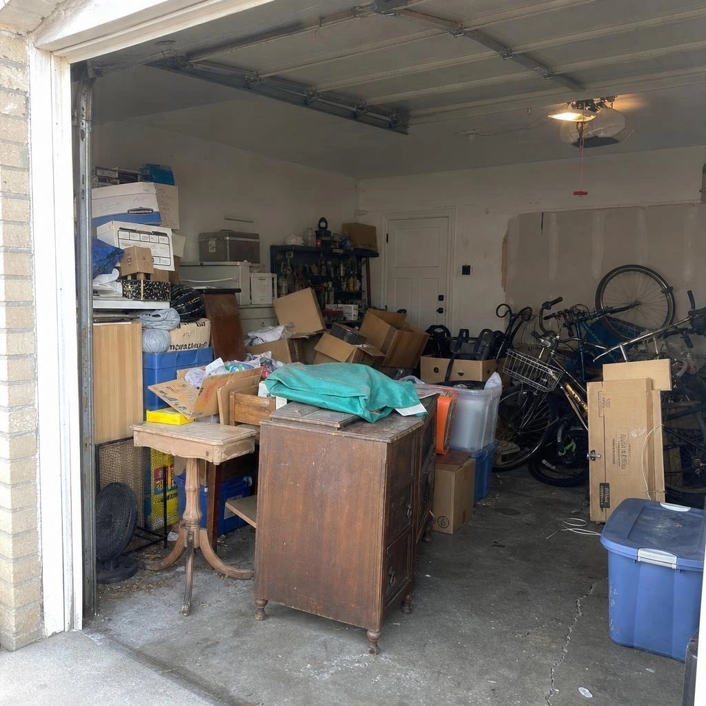 Cluttered Oakland garage filled with boxes, furniture and junk before professional cleanout