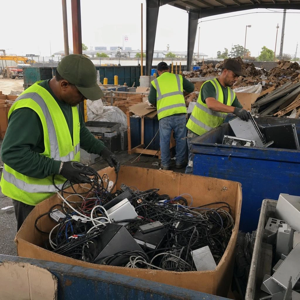 Workers sorting e-waste cables and electronics at a certified Bay Area recycling facility