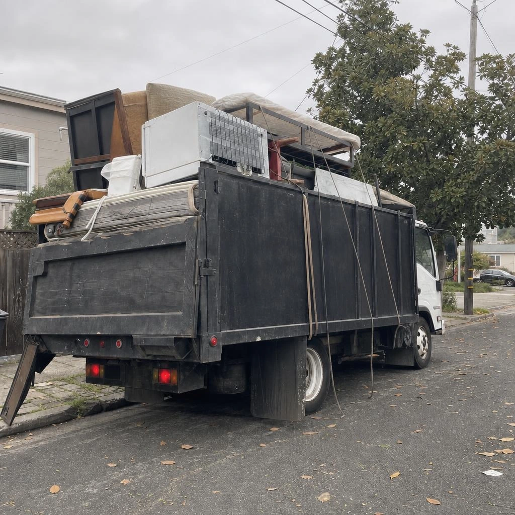 Junk removal truck fully loaded with furniture, mattresses, and appliances in Oakland