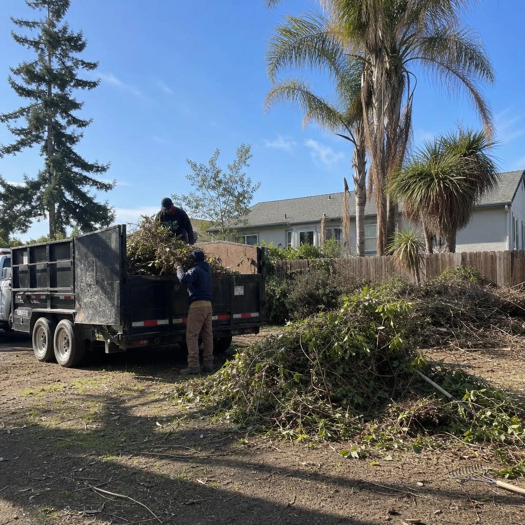 Oakland crew loading yard debris and tree branches into a dump trailer